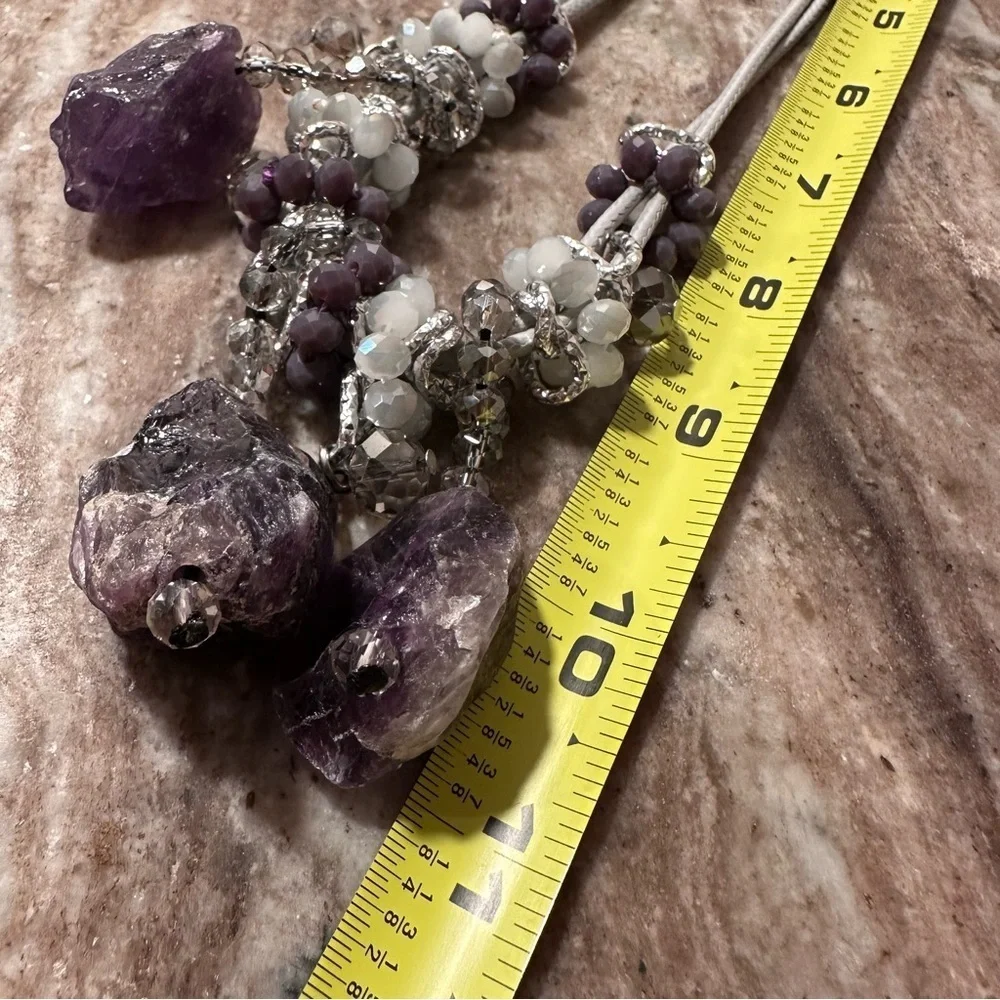 Chunky Raw Amethyst Necklace Three Large Pendants & Crystal Glass Round Beads